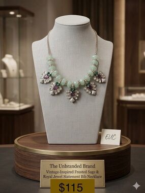 Vintage-Inspired Frosted Sage & Royal Jewel Statement Bib Necklace EUC